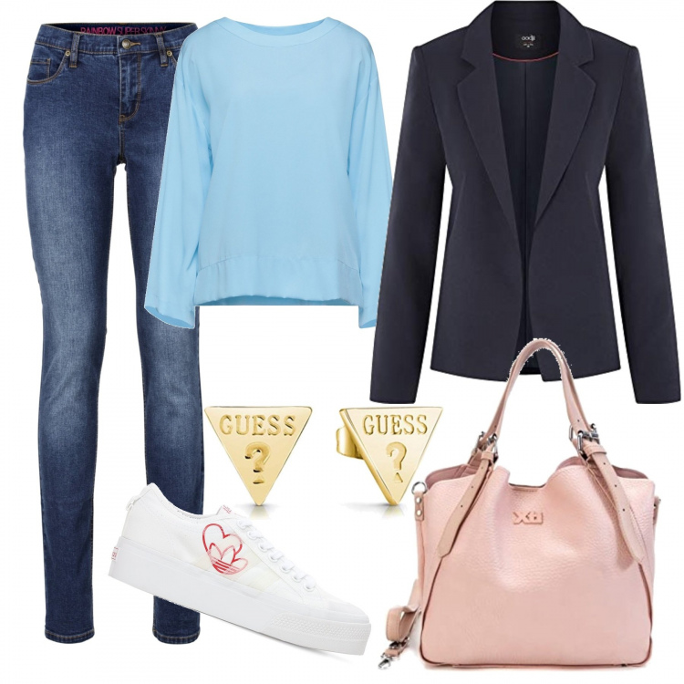 Outfit donna - Tempo libero. Stile Casual chic per Tutti i giorni. Abbinamento con jeans skinny, bluse, blazer, borse a spalla, sneakers, orecchini.