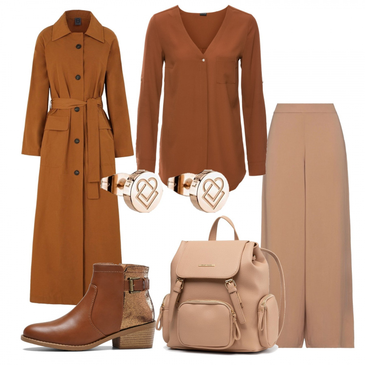 Outfit donna - Casual chic nei toni del marrone. Stile Casual chic per Tutti i giorni. Abbinamento con camicie, stivaletti, pantaloni, trench, zaini, orecchini.