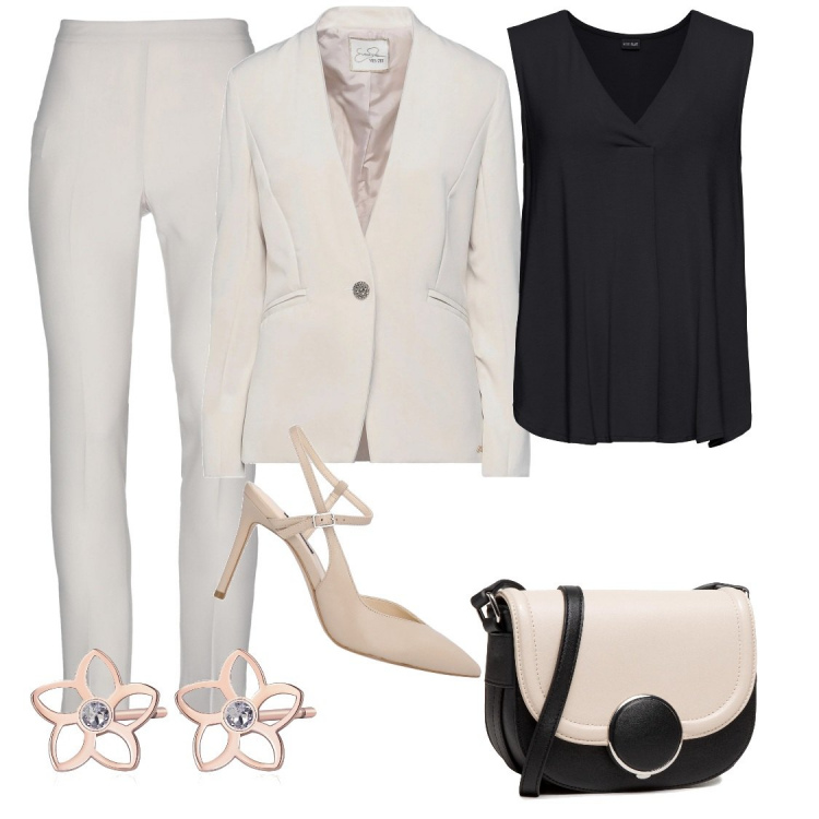 Outfit donna - Total look #1257744. Stile Bon Ton per Ufficio. Abbinamento con top, blazer, pantaloni, décolleté, orecchini, borse a mano.