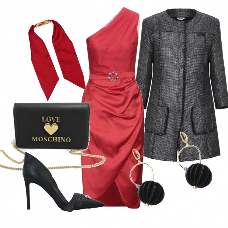 Outfit donna - Valentine è passione. Stile Chic per Serata fuori. Abbinamento con vestiti midi/longuette, cappotti, orecchini, décolleté, foulard, clutch.