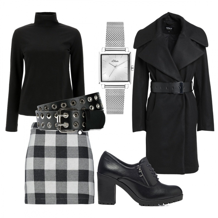 Outfit donna - Giornata uggiosa. Stile Urban per Ufficio. Abbinamento con cinture, cappotti, minigonne, maglieria, scarpe stringate, orologi analogici.