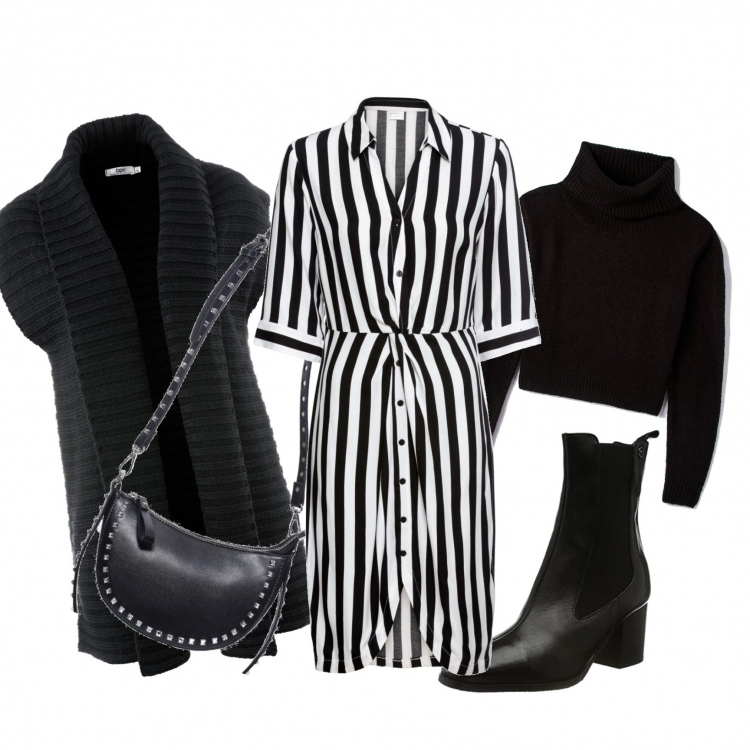 Outfit donna - Chemisier. Stile Casual per Tutti i giorni. Abbinamento con vestiti chemisier, gilet, maglieria, borse a tracolla, stivaletti chelsea.