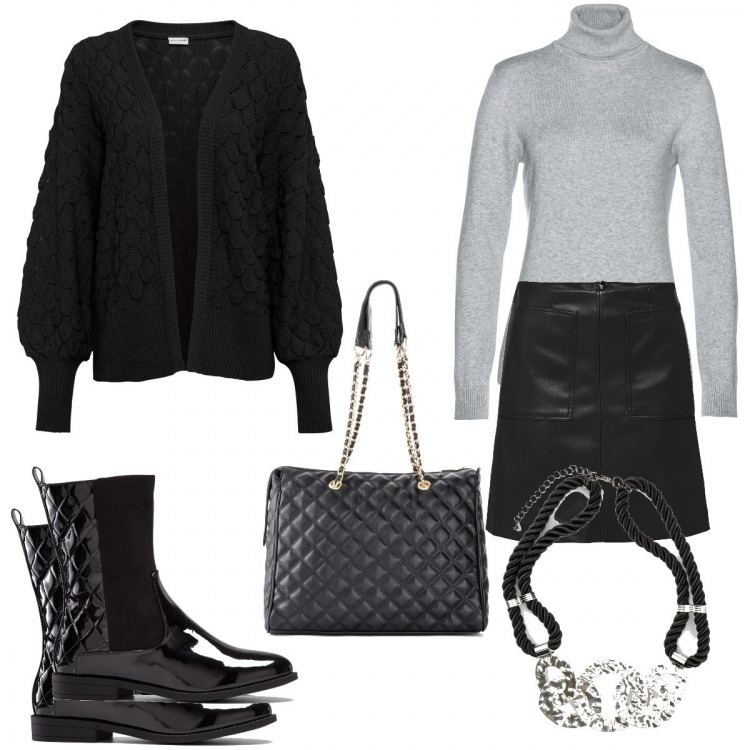 Outfit donna - Bonprix total look. Stile Basic per Tutti i giorni. Abbinamento con cardigans, shopping bag, gonne, stivaletti, collane, maglieria.
