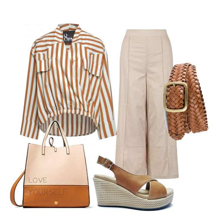 Outfit donna - Love YourSelf. Stile Casual chic per Tutti i giorni. Abbinamento con cinture, bluse, sandali, pantaloni, borse a mano.