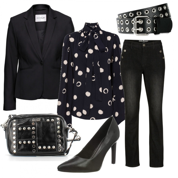 Outfit donna - Mi Vesto Di Nero. Stile Casual chic per Ufficio. Abbinamento con blazer, cinture, bluse, jeans, borse a tracolla, décolleté.