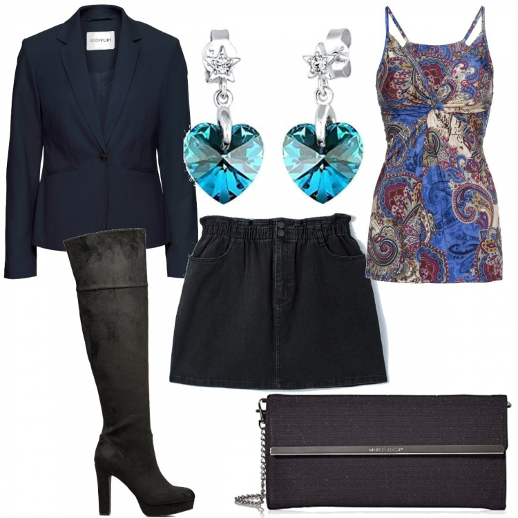 Outfit donna - Mai senza gli stivali. Stile Glamour per Serata fuori. Abbinamento con blazer, top, minigonne, stivali, orecchini, clutch.