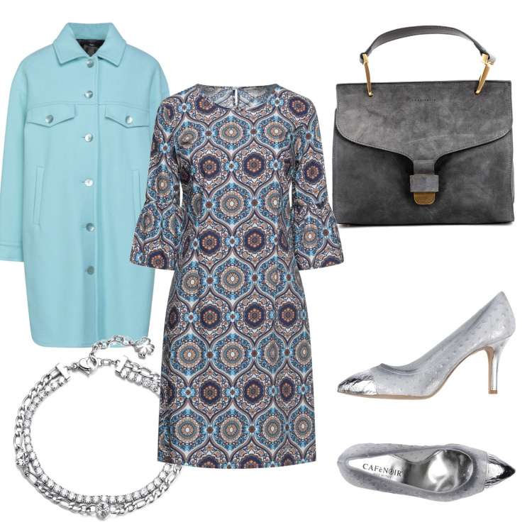 Outfit donna - Grigio e celeste. Stile Casual per Ufficio. Abbinamento con vestiti corti, cappotti, décolleté, borse a mano, braccialetti.