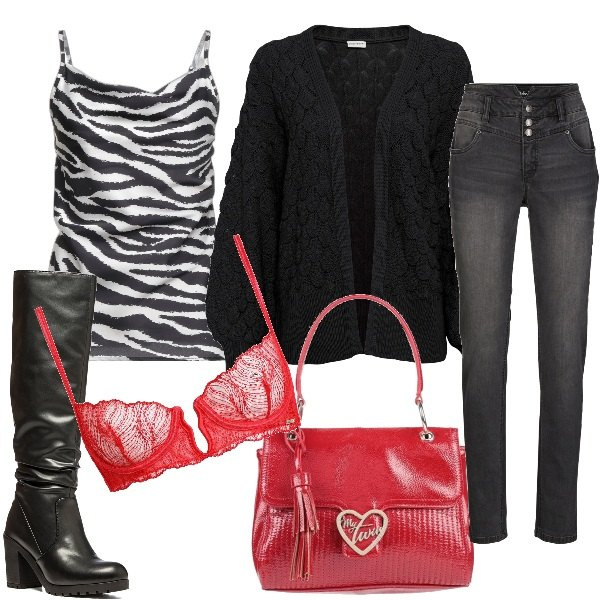Outfit donna - Energia in ufficio. Stile Casual chic per Ufficio. Abbinamento con cardigans, jeans slim fit, borse a mano, top, reggiseni, stivali.