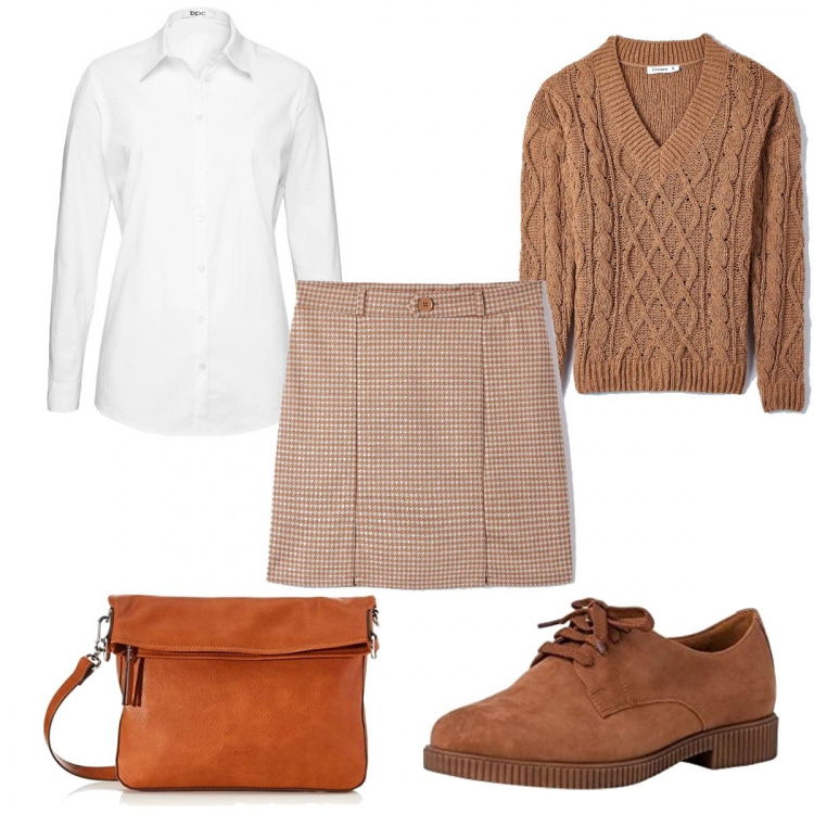 Outfit donna - Le stringate marroni. Stile Preppy per Tutti i giorni. Abbinamento con camicie, maglieria, minigonne, scarpe stringate, borse a tracolla.