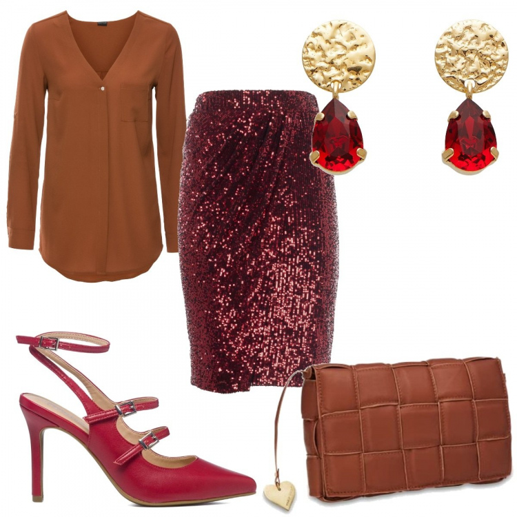 Outfit donna - Stasera glamour in rosso e marrone. Stile Glamour per Serata fuori. Abbinamento con camicie, orecchini, minigonne, décolleté, borse a mano.
