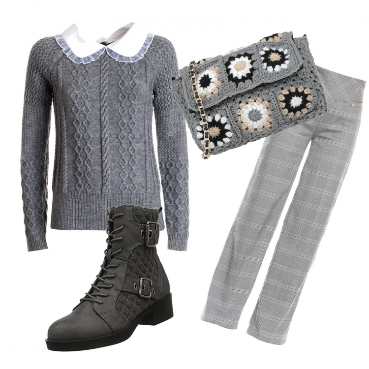 Outfit donna - Total look #1258726. Stile Bon Ton per Ufficio. Abbinamento con borse a tracolla, pantaloni a palazzo, maglieria, stivali.