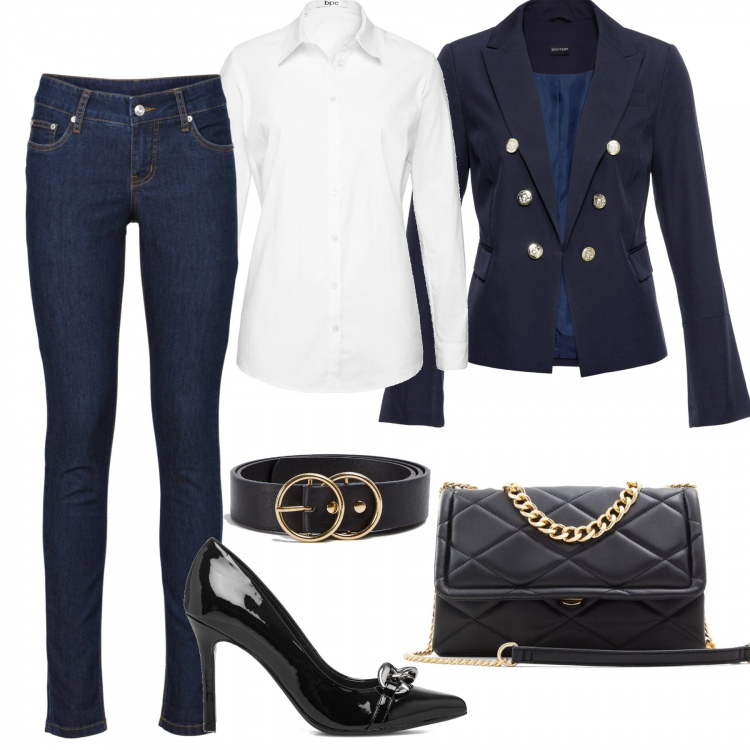 Outfit donna - Jeans camicia e blazer. Stile Urban per Tutti i giorni. Abbinamento con jeans skinny, camicie, blazer, cinture, borse a tracolla, décolleté.