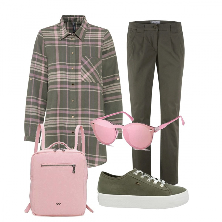 Outfit donna - Ti Aspetto Al Solito Posto. Stile Casual chic per Tutti i giorni. Abbinamento con pantaloni chino, camicie, zaini, occhiali da sole, sneakers.