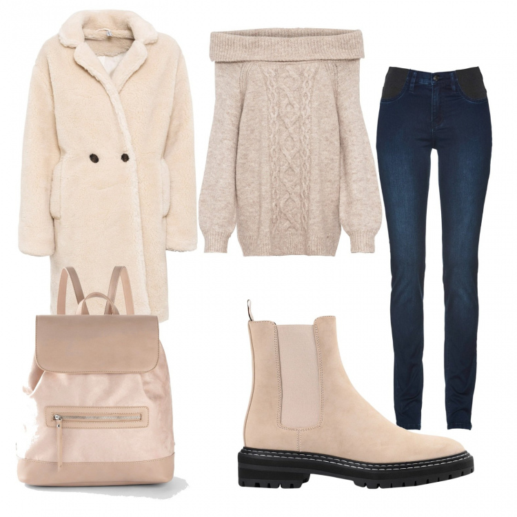 Outfit donna - Low Cost e carina. Stile Casual per Tutti i giorni. Abbinamento con jeans, maglieria, cappotti, zaini, stivaletti.