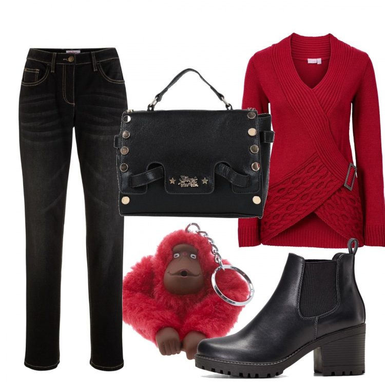 Outfit donna - Total look #1259173. Stile Casual per Tutti i giorni. Abbinamento con stivaletti chelsea, maglieria, jeans, borse a mano, portachiavi.