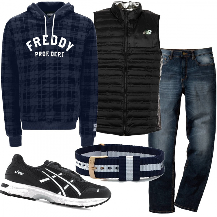 Outfit uomo - Oggi nessuna preoccupazione. Stile Casual per Tutti i giorni. Abbinamento con jeans dritti, piumini, felpe con cappuccio, sneakers, braccialetti.