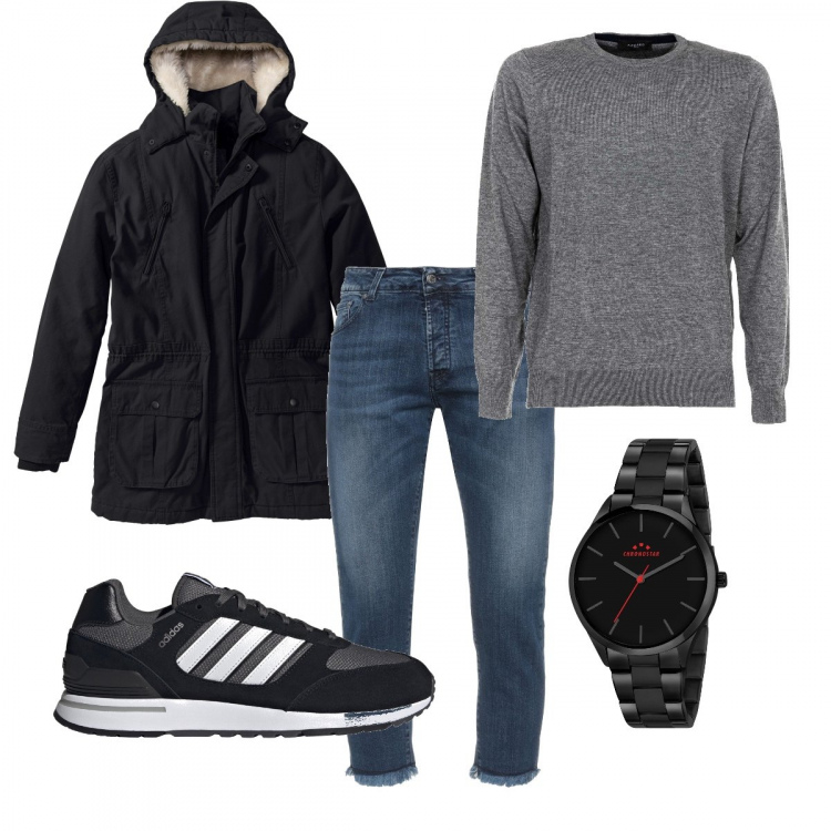 Outfit uomo - Il parka nero per gli ultimi freddi. Stile Casual per Tutti i giorni. Abbinamento con parka, orologi, jeans, maglieria, sneakers.