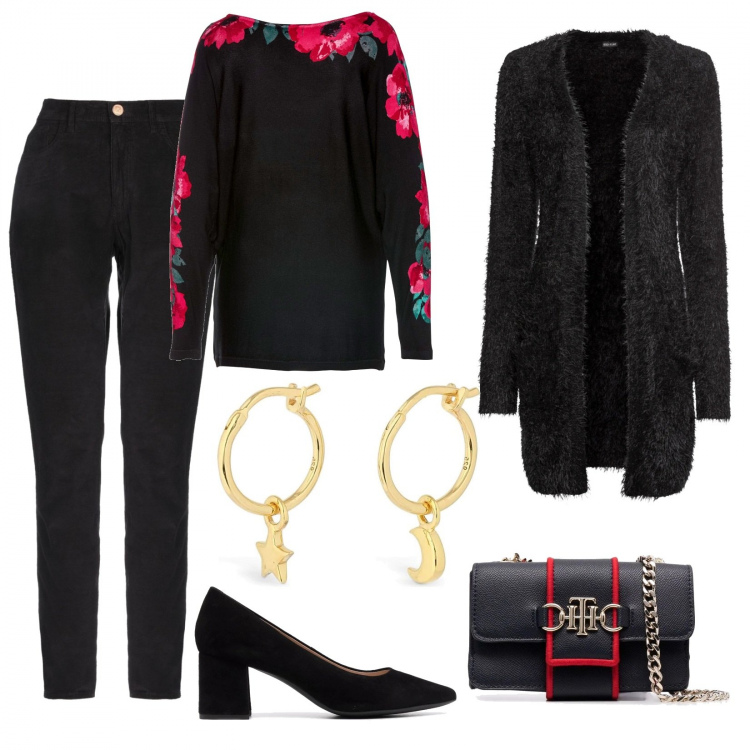 Outfit donna - Plus size, la maglia con i fiori. Stile Chic per Tutti i giorni. Abbinamento con cardigans, maglieria, pantaloni, décolleté, borse a tracolla, orecchini.