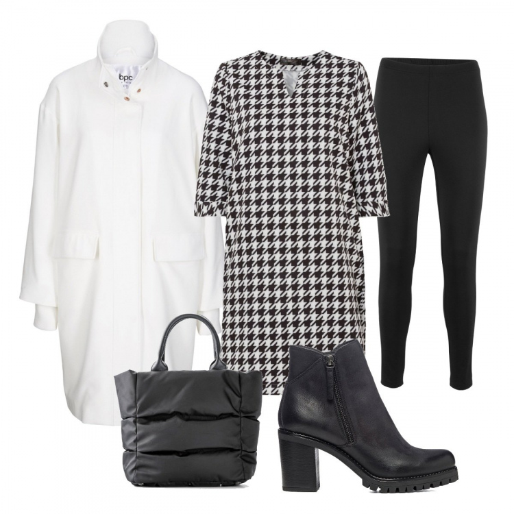 Outfit donna - Tutto In Un Giorno. Stile Trendy per Tutti i giorni. Abbinamento con leggings, vestiti a tubino, cappotti, borse a mano, stivaletti.