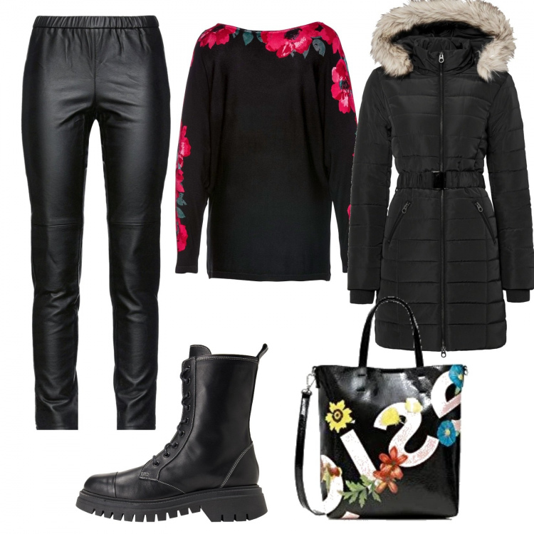 Outfit donna - Fiori in febbraio. Stile Glamour per Tutti i giorni. Abbinamento con giacche, maglieria, pantaloni, anfibi, shopping bag.