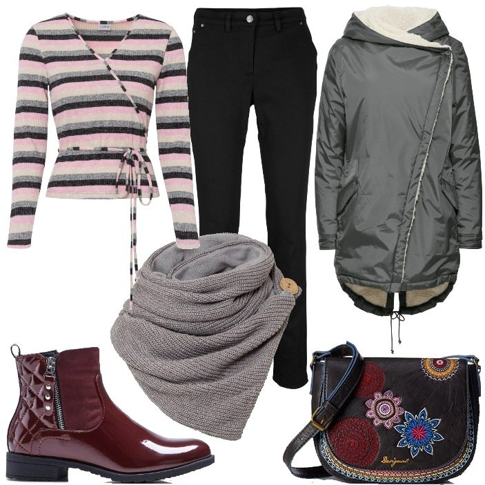 Outfit donna - Grigio rassicurante. Stile Casual chic per Tutti i giorni. Abbinamento con foulard, cappotti, stivaletti, pantaloni, maglieria, borse a tracolla.