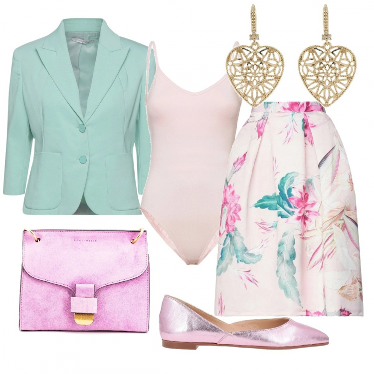 Outfit donna - Caramellina. Stile Bon Ton per Cerimonia. Abbinamento con gonne longuette, blazer, ballerine, borse a tracolla, orecchini, body.