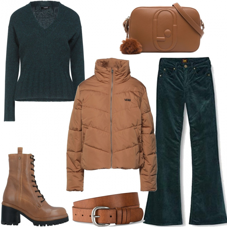 Outfit donna - Verde bosco e caramello. Stile Casual per Ufficio. Abbinamento con cinture, pullovers, piumini, stivaletti, borse a tracolla, jeans.