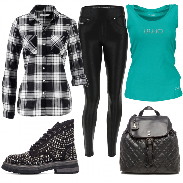 Outfit donna - Camicia a quadri. Stile Rock per Tutti i giorni. Abbinamento con camicie, pantaloni skinny, zaini, anfibi, canottiere.