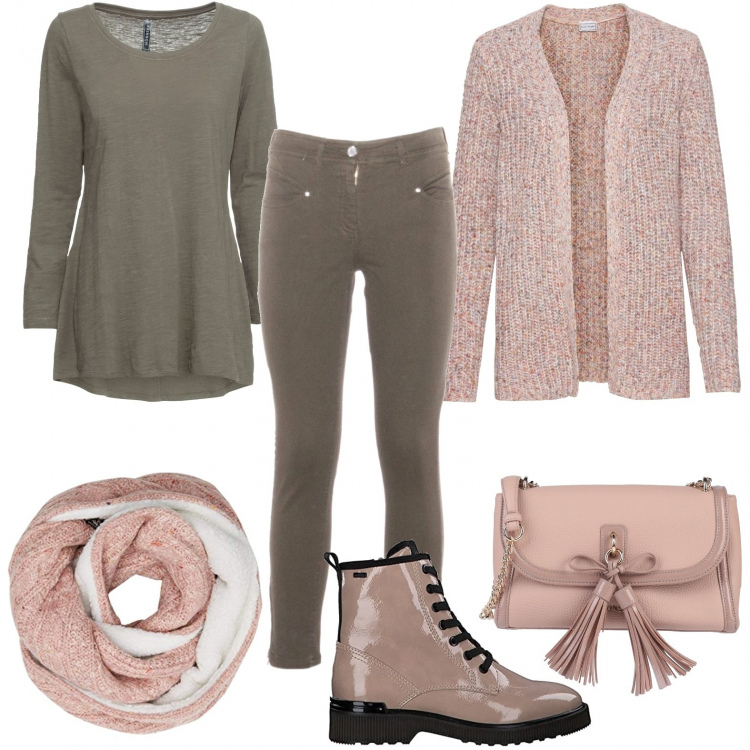 Outfit donna - Il cardigan rosa. Stile Basic per Tutti i giorni. Abbinamento con borse a tracolla, maglieria, cardigans, pantaloni, stivaletti, sciarpe.