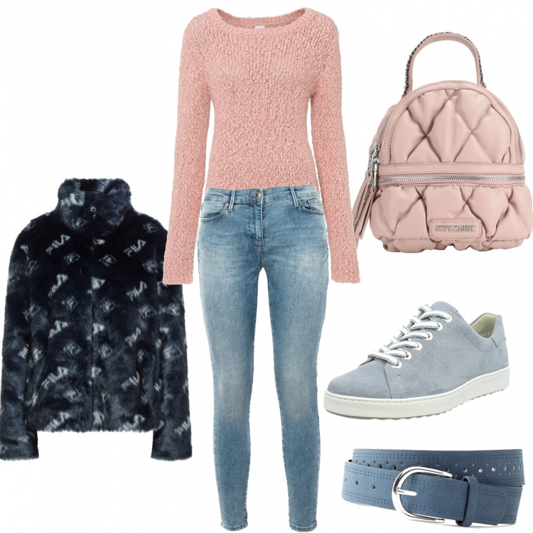 Outfit donna - Chance alla nuance. Stile Urban per Scuola/Università. Abbinamento con cinture, maglieria, cappotti, zaini, jeans skinny, sneakers.