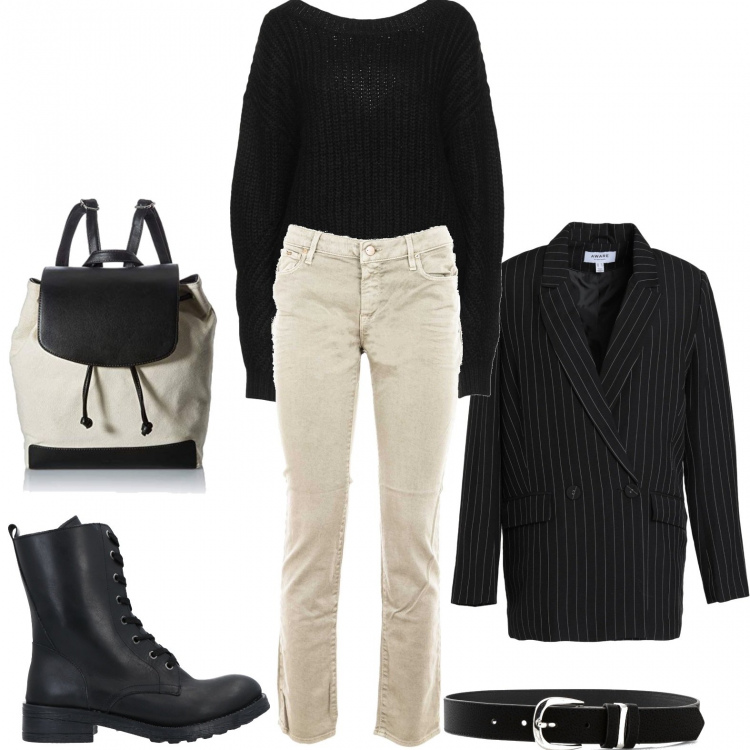 Outfit donna - Anfibi su tutto. Stile Mannish per Scuola/Università. Abbinamento con cinture, pullovers, blazer, stivaletti, jeans skinny, zaini.