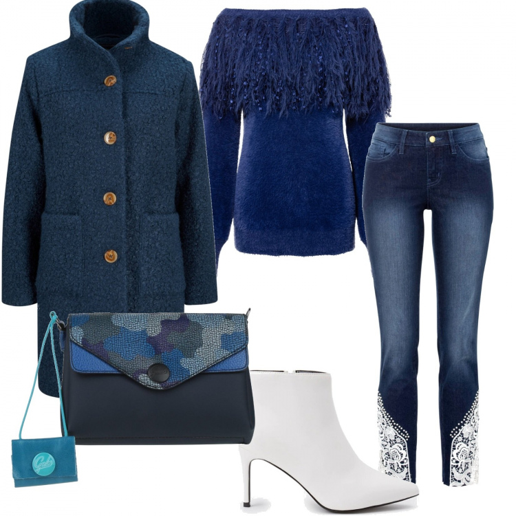 Outfit donna - Blu. Stile Basic per Tutti i giorni. Abbinamento con cappotti, jeans skinny, maglieria, borse a mano, stivaletti.