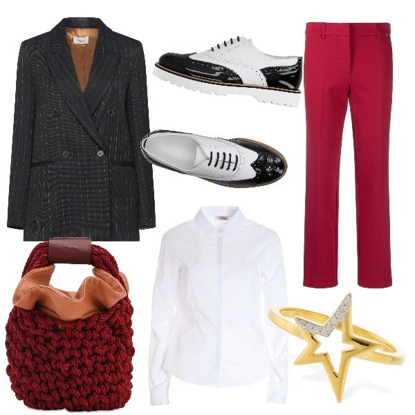 Outfit donna - Mannish d a ufficio. Stile Mannish per Ufficio. Abbinamento con scarpe stringate, blazer, camicie, pantaloni, borse a secchiello, anelli.