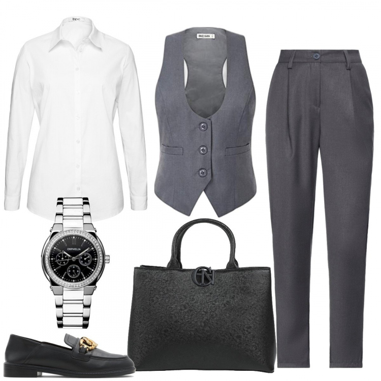 Outfit donna - Iconico Mannish. Stile Mannish per Ufficio. Abbinamento con camicie, pantaloni, borse a mano, mocassini, gilet, orologi.