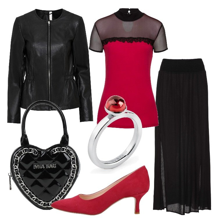 Outfit donna - Un Amore di Curvy!. Stile Romantica per Serata fuori. Abbinamento con gonne lunghe, maglieria, giacche, décolleté, borse a mano, anelli.