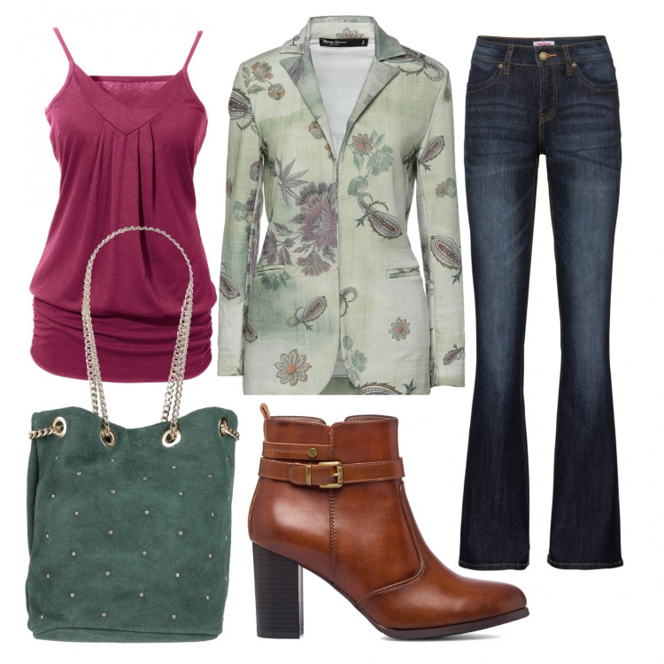 Outfit donna - Protagonista la giacca. Stile Glamour per Ufficio. Abbinamento con jeans bootcut, top, borse a mano, blazer, stivaletti.
