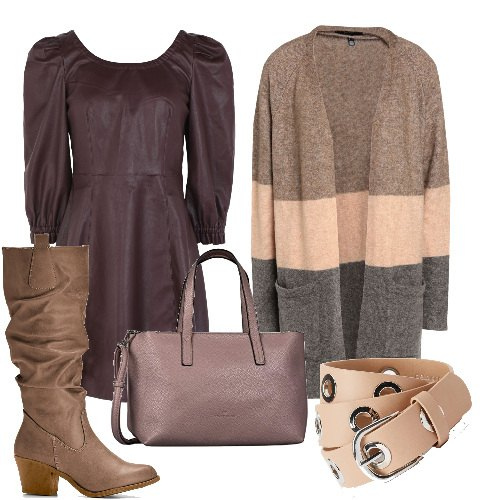 Outfit donna - Tonalità da maquillage. Stile Urban per Tutti i giorni. Abbinamento con stivali, vestiti corti, cardigans, cinture, borse tote.