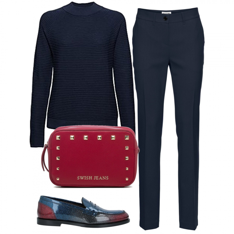 Outfit donna - La borsa rossa. Stile Basic per Ufficio. Abbinamento con pantaloni, mocassini, borse a tracolla, maglieria.
