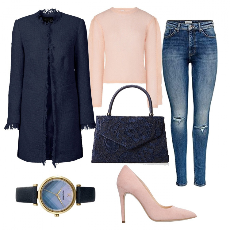 Outfit donna - Chic e professionale con poca spesa. Stile Chic per Ufficio. Abbinamento con blazer, décolleté, pullovers, jeans skinny, borse a mano, orologi.