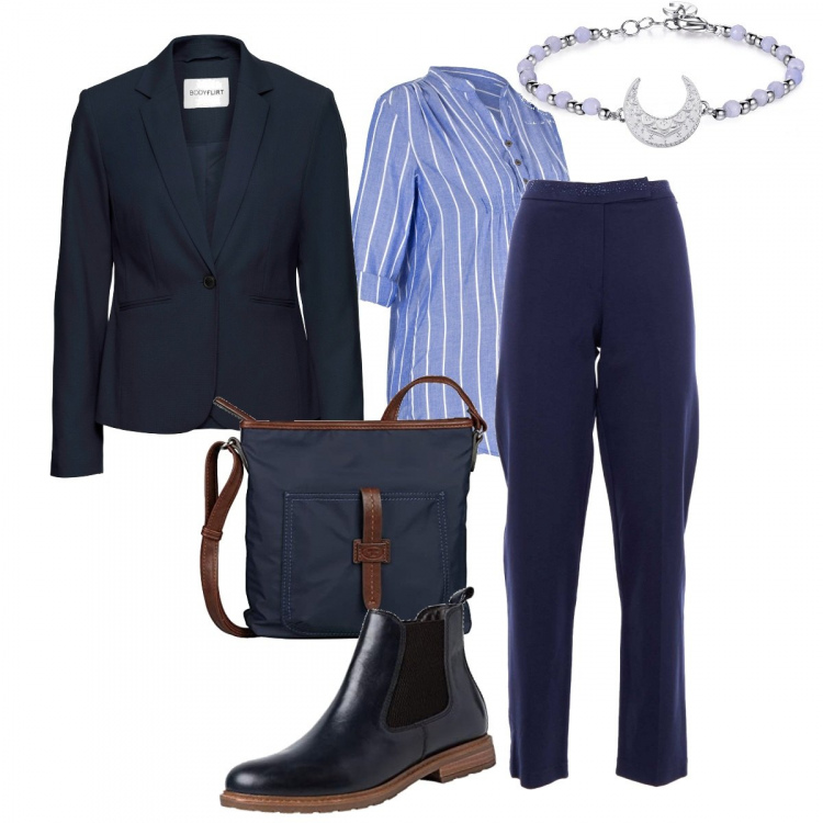 Outfit donna - Blu e viola. Stile Mannish per Tutti i giorni. Abbinamento con blazer, tuniche, pantaloni, braccialetti, stivaletti chelsea, borse a tracolla.