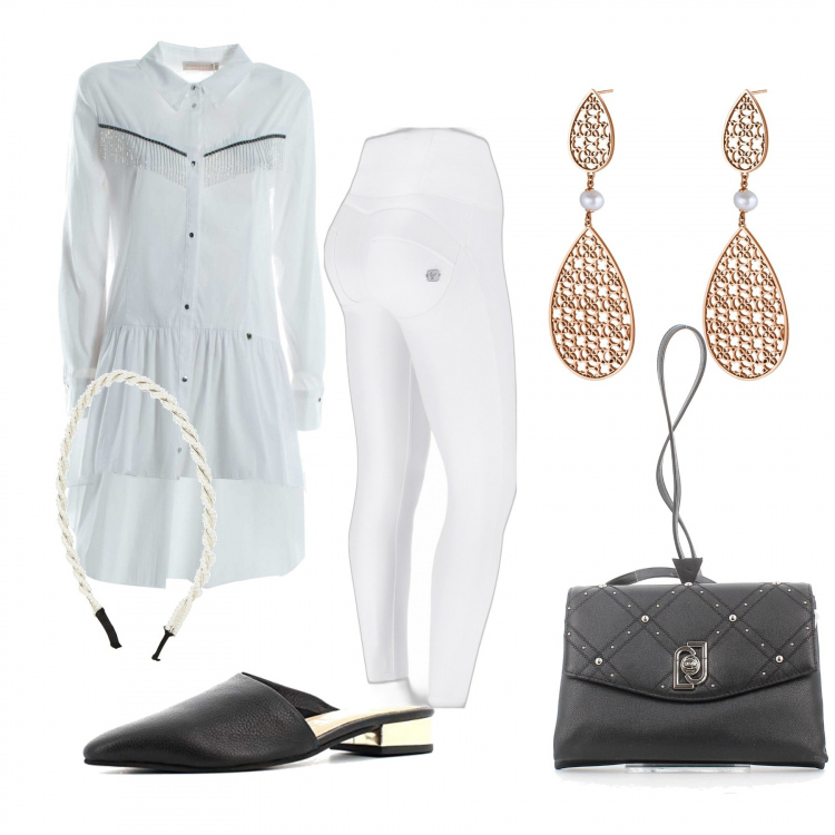 Outfit donna - Total look #1260409. Stile Minimal per Tutti i giorni. Abbinamento con cerchietti, bluse, orecchini, pantaloni skinny, borse a tracolla, zoccoli.