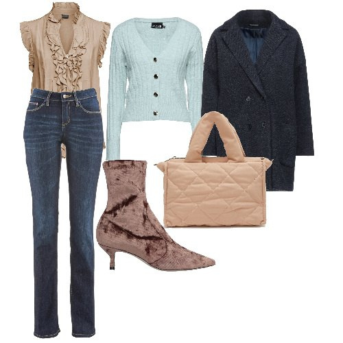 Outfit donna - Contrasti deliziosi. Stile Trendy per Tutti i giorni. Abbinamento con jeans dritti, maglieria, cappotti, cardigans, stivaletti, borse a mano.