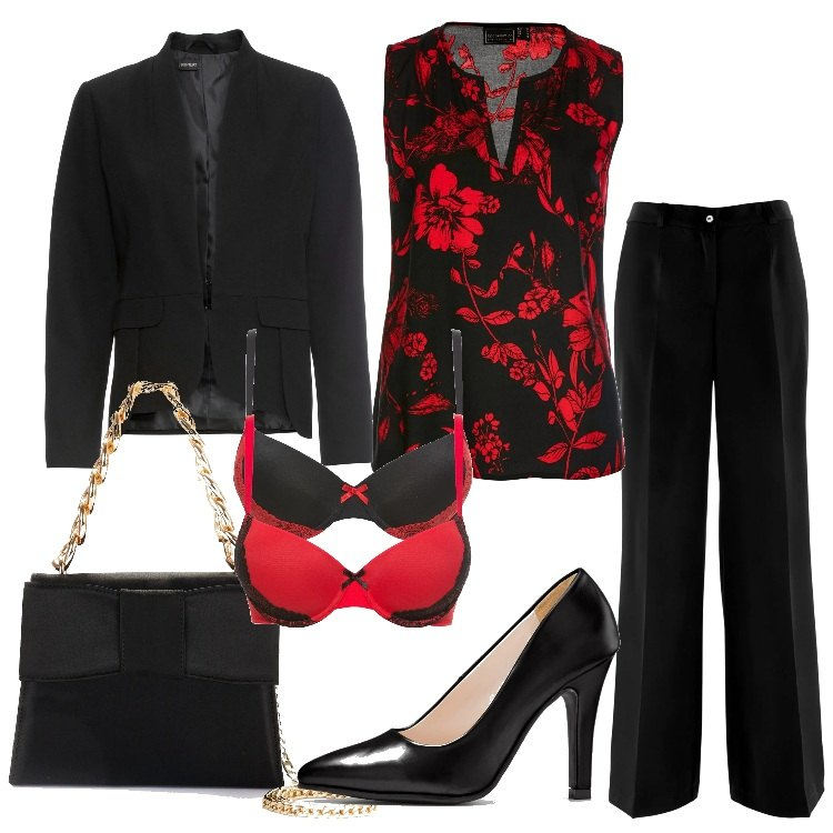 Outfit donna - San Valentino. Stile Chic per Serata fuori. Abbinamento con pantaloni, top, blazer, décolleté, reggiseni, pochette.