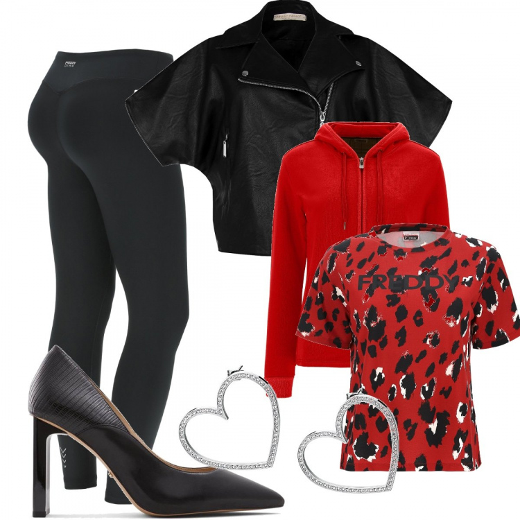 Outfit donna - San Valentino con grinta. Stile Sporty chic per Serata fuori. Abbinamento con giacche, orecchini, leggings sportivo, felpe con cappuccio, t-shirt, décolleté.