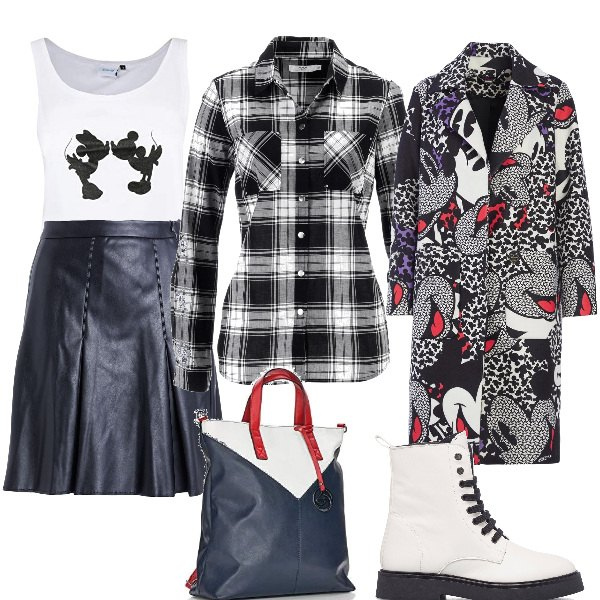 Outfit donna - Total look #1260681. Stile Preppy per Tutti i giorni. Abbinamento con camicie, minigonne, cappotti, anfibi, zaini, canottiere.
