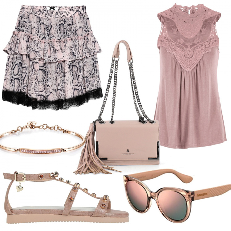 Outfit donna - Total look #1260783. Stile Bon Ton per Tutti i giorni. Abbinamento con top, minigonne, sandali in pelle, braccialetti, borse a tracolla, occhiali da sole.