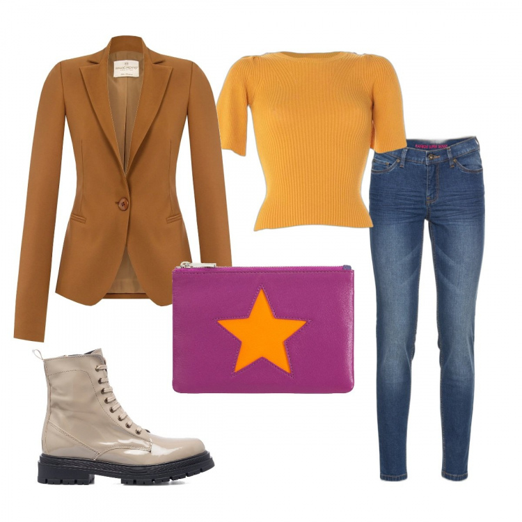 Outfit donna - Contrasti colorati. Stile Urban per Tutti i giorni. Abbinamento con jeans skinny, pullovers, borse a mano, giacche, anfibi.