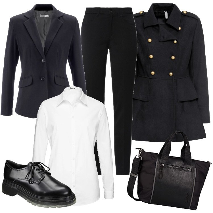 Outfit donna - Mannish in ufficio. Stile Mannish per Ufficio. Abbinamento con camicie, cappotti, blazer, pantaloni, scarpe stringate, shopping bag.