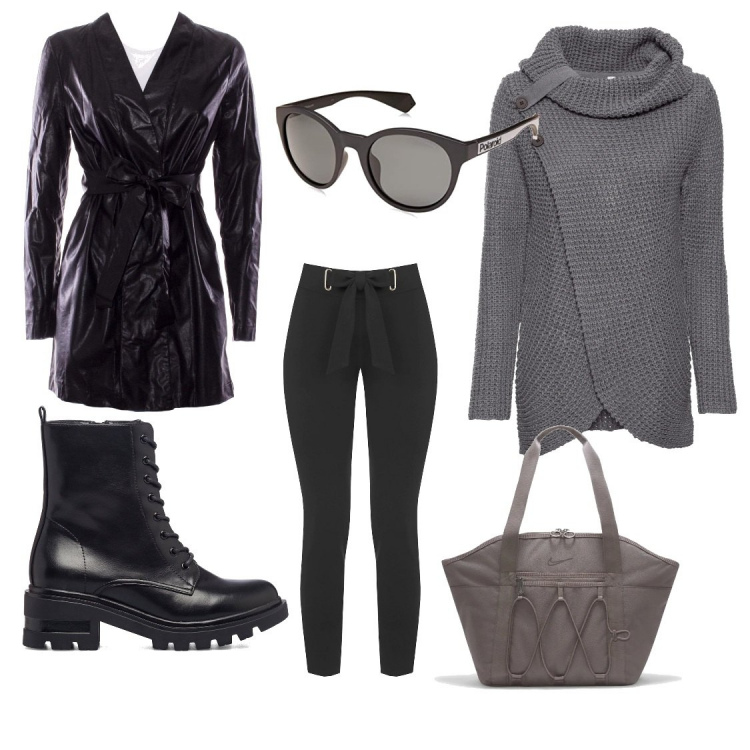 Outfit donna - Semplice con Stile. Stile Basic Abbinamento con maglieria, pantaloni, trench, anfibi, borse tote, occhiali da sole.
