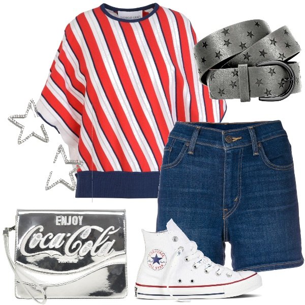 Outfit donna - Fireworks. Stile Basic per Tutti i giorni. Abbinamento con cintura con fibbia in pelle sintetica, pullover, shorts vita alta blu, sneakers sport, orecchini con strass farfalla, pochette con strass effetto laminato in ecopelle.